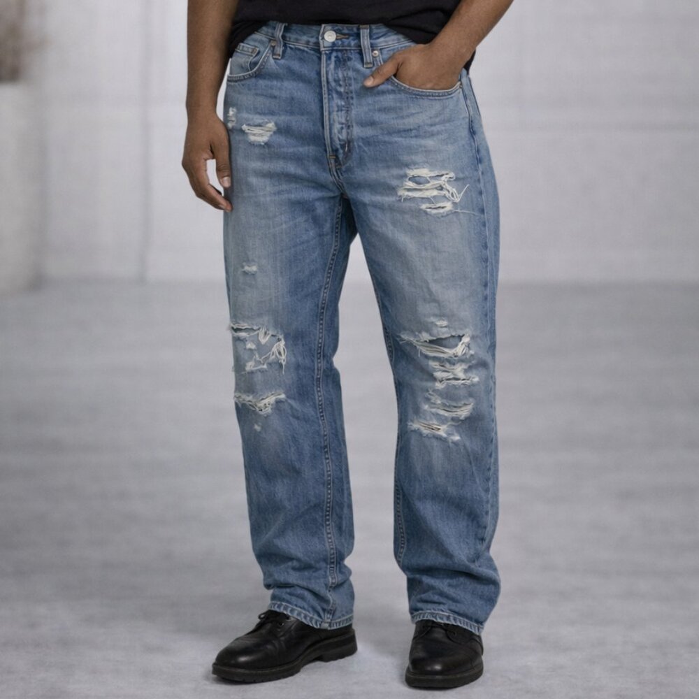 Levi‎ Strauss 514 Men Thrashed Straight Fit Distressed Ripped Blue Jeans W32 L30
